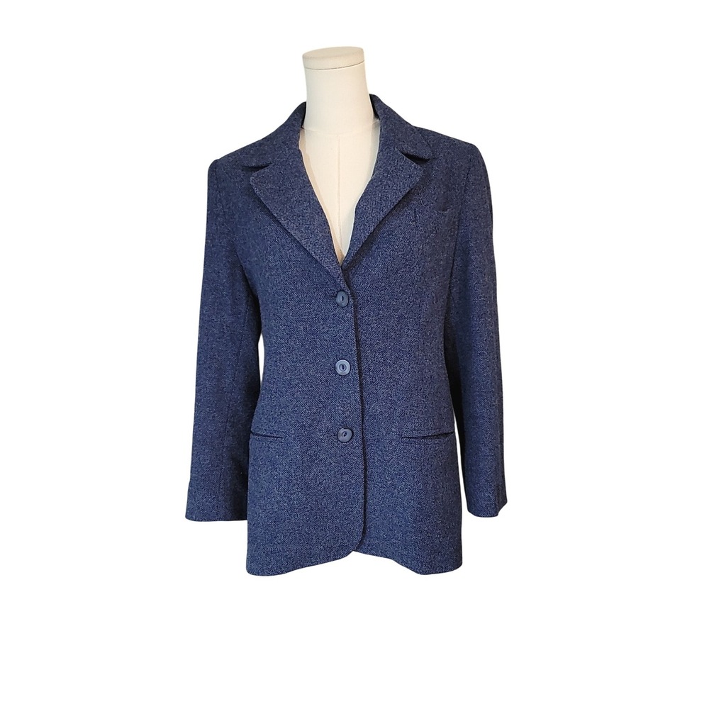Mary Flaherty Wool Blazer Jacket Herringbone Blue UK 8 US 6 Made‎ in Ireland